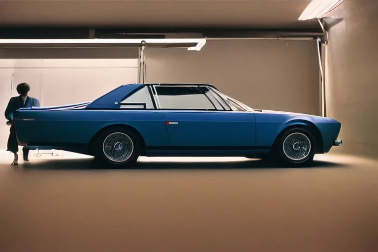 Prompt: single Formula 1, 1964 BMW M1 Lincoln Continental, inside of a minimalist Tokyo garage, ektachrome photograph, volumetric lighting, f8 aperture, cinematic Eastman 5384 film