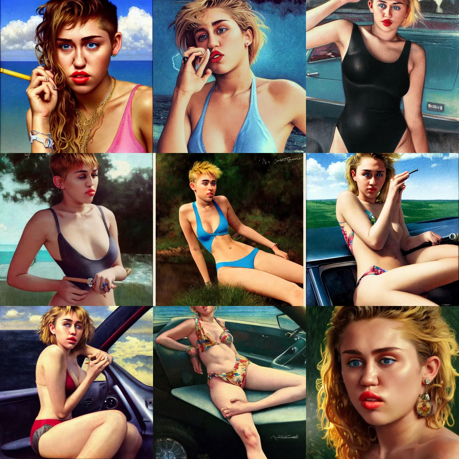 Prompt: portrait of 2 0 years old miley cyrus in swimsuit smoking weed in a car, intricate, hyperdetailed, photorealistic, diffuse lighting, hdrp, artstation, unreal 5, smooth, textless, sharp focus, art by john collier, albert aublet, krenz cushart, artem demura, alphonse mucha