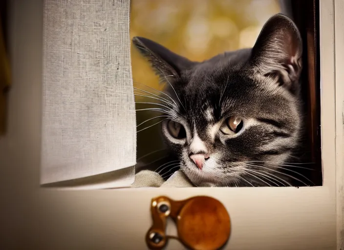 Image similar to photography of a Cat . watching outside the window. on a bed. in a 70's room full of vinyls and posters, photorealistic, award winning photo, 100mm, sharp, high res