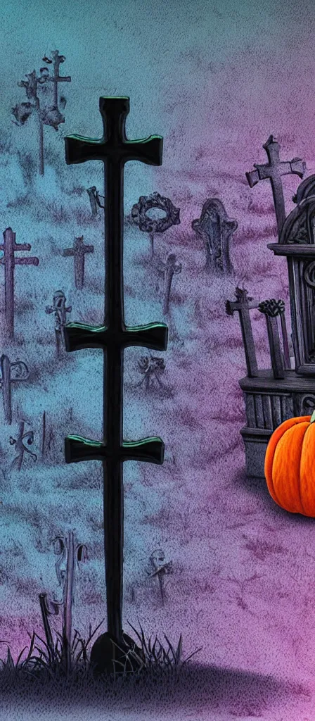 Image similar to an closeup astatic d 1 0 4 microphone with a detailed matte painting of a muted skullpunk vaporwave ombre. a small creepy garden at night with cross - shaped tombstone and pumpkins. detailed with strong clean lines.