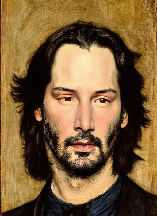 Prompt: a beautiful painting of keanu reeves by John Everett Millais and Dante Gabriel Rossetti and John Collier and john william waterhouse, pre-raphaelite, detailed, trending on artstation, hd, masterpiece
