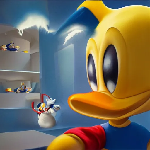 Prompt: donald duck is kicking heroin, portrait, photorealism, oil painting, octane render, hyper detailed.