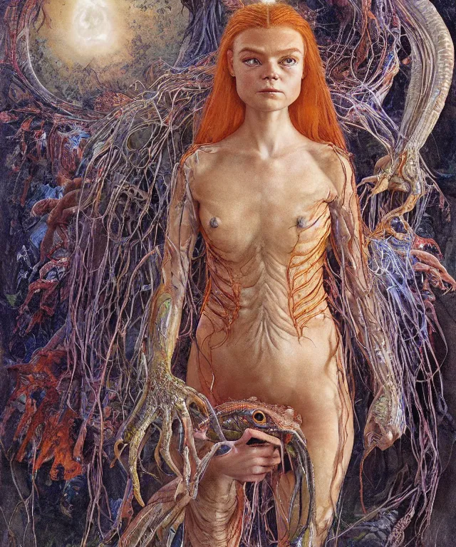 Prompt: a portrait photograph of a fierce sadie sink as an alien harpy queen with slimy amphibian skin. she is trying on evil bulbous slimy organic membrane fetish fashion and transforming into a fiery succubus insectoid amphibian. by donato giancola, walton ford, ernst haeckel, brian froud, hr giger. 8 k, cgsociety