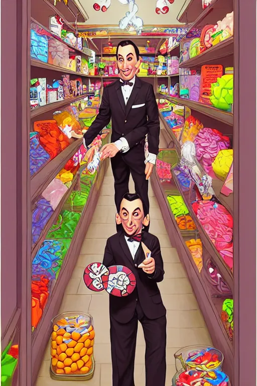 Prompt: pee - wee herman in a candy store, by andreas rocha