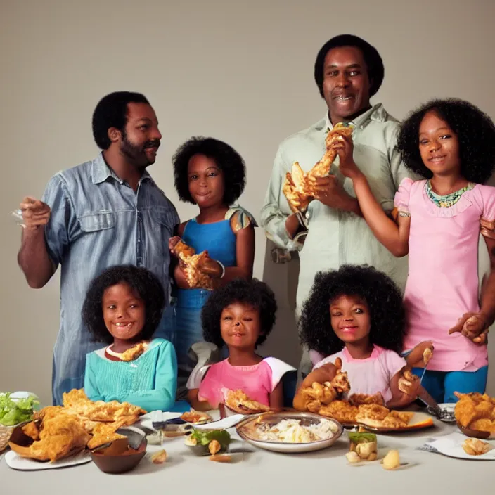 Prompt: African American family in 1979 with two daughters and a son eating chicken, mash potatoes, and rolls for dinner. 3d version style