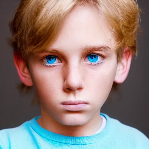 Image similar to portrait of a boy with his hand on his face, extremely realistic and real, photorealistic, blonde hair and blue eyes, detailed facial structure, real eyes that are detailed