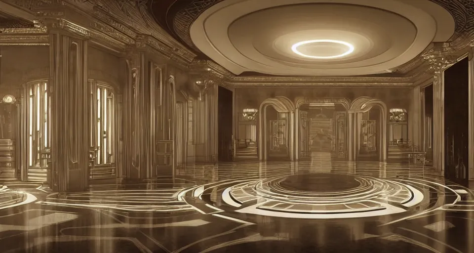 Image similar to an incredibly beautiful scene from a 2 0 2 2 marvel film featuring an art deco palace during a hurricane. recessed lights. large windows. lightning. uhd.