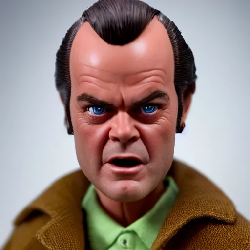 Prompt: Insane Jack Nicholson in the movie The Shining as a male barbie doll, Mattel, studio product photography, professional, detailed, f/8.0