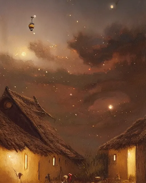 Image similar to Painting by Greg Rutkowski, a big ceramic jug with a gold ornament flies high in the night sky above a small village with built-up huts under thatched roofs