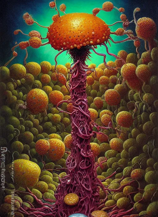 Image similar to hyper detailed Oil painting - It Eats of the Strangling Fruit and Its gossamer polyp blossoms bring iridescent fungal flowers whose spores black the foolish stars by Jacek Yerka, Mariusz Lewandowski, Abstract brush strokes, Masterpiece, Edward Hopper and James Gilleard, Zdzislaw Beksinski, Mark Ryden, Wolfgang Lettl, hints of Yayoi Kasuma