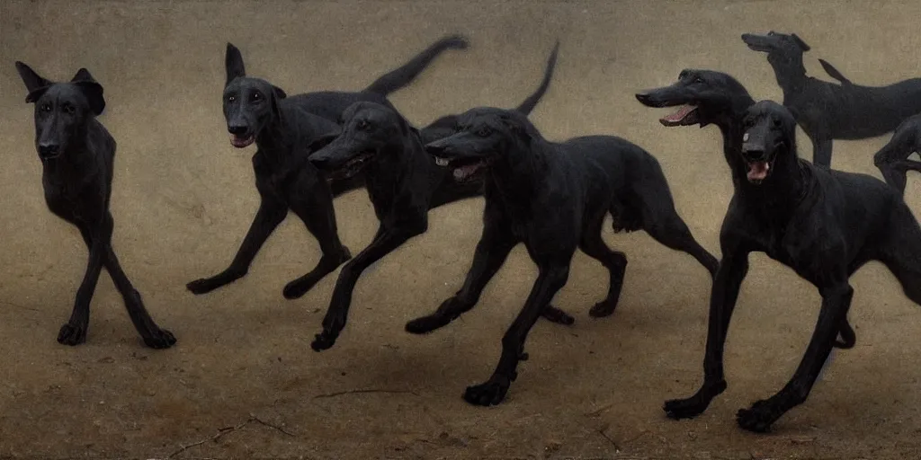 Image similar to black greyhounds running in the night, dark environment, by wiliam bouguereau, nicola samori and andrew wyeth. highly detailed, realistic. dark atmosphere