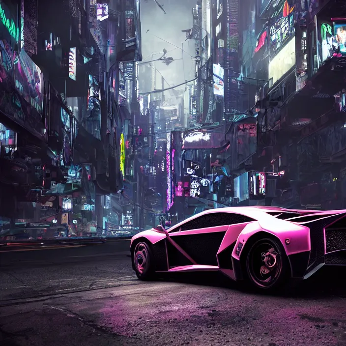 Image similar to dark cyberpunk car lamborgini counatch, in drak style cyberpunk city, by neill blomkamp director film, extreamly detailed, photorealism, photography, raytracing, 8 k, octane render, hyperrealism, perfect composition, art top in artstation, by chris labrooy, rendered in rtx, ssao, fxaa, unreal engine