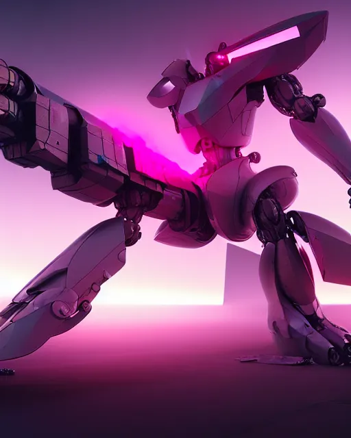 Image similar to hyperrealistic 3d render mecha iridescent pink explosions in the background concept art vray ute osterwald de chirico sharp cinematic very moody light 8k low angle shallow depth of field
