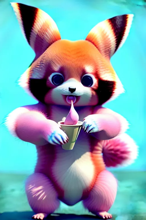 Image similar to high quality 3 d render hyperrealist very cute pastel fluffy! red panda & tarsier hybrid eating giant ice cream full body, vray smooth, in the style of detective pikachu, hannah yata charlie immer, dramatic pink light, low angle, uhd 8 k, sharp focus