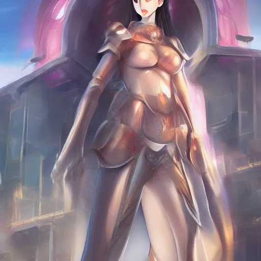 Prompt: A realistic anime painting of a beautiful female medieval knight standing in a futuristic city. digital painting by Sakimichan, Makoto Shinkai, WLOP, Rossdraws, Pixivs and , digital painting. trending on Pixiv. SFW version —H 1080 —W 1920