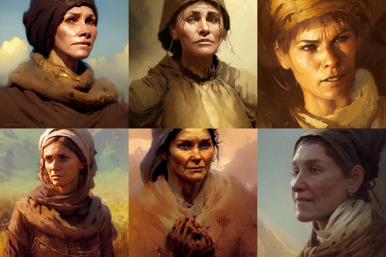 Prompt: a peasant woman with big pronounced romanesque nose, fantasy character portrait by greg rutkowski, craig mullins, gaston bussiere