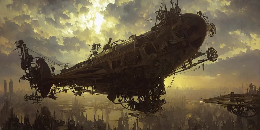 Image similar to a steampunk airship emerges over the horizon of a bladerunner city, artwork by alphonse mucha, darek zabrocki, dramatic lighting, long shadows, brushstrokes, paper texture.