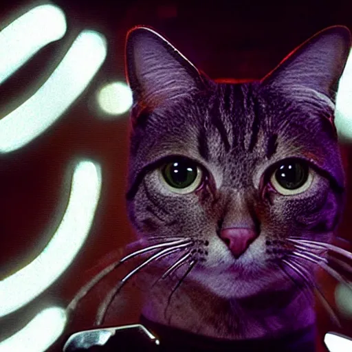 Image similar to movie still of cat cyborg, cinematic composition, cinematic light, by edgar wright and david lynch