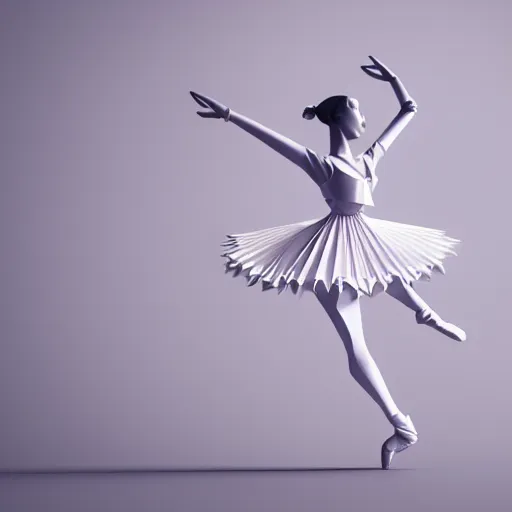Prompt: origami ballet dancer in white paper, ultra - detailed 3 d render, studio shot