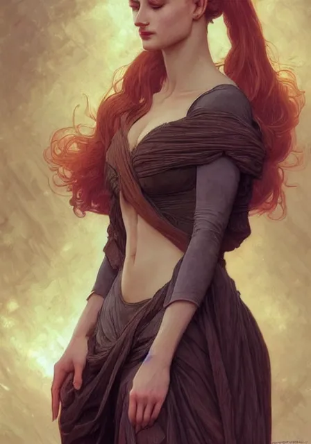 Image similar to sansa angeline jolie gessica chastain, intricate, elegant, highly detailed, digital painting, artstation, concept art, smooth, sharp focus, illustration, art by artgerm and greg rutkowski and alphonse mucha and william - adolphe bouguereau