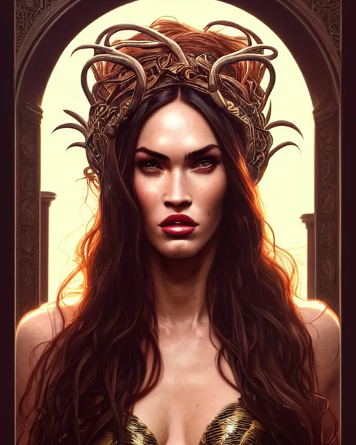 Prompt: portrait of megan fox as medusa, snake hair, serpent hair, greek mythology, intricate, headshot, highly detailed, digital painting, artstation, concept art, sharp focus, cinematic lighting, illustration, art by artgerm and greg rutkowski, alphonse mucha, cgsociety