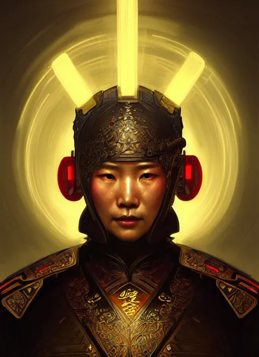 Image similar to symmetry!! portrait of old chinese warrior, tech wear, glowing lights!! intricate, elegant, highly detailed, digital painting, artstation, concept art, smooth, sharp focus, illustration, art by artgerm and greg rutkowski and alphonse mucha