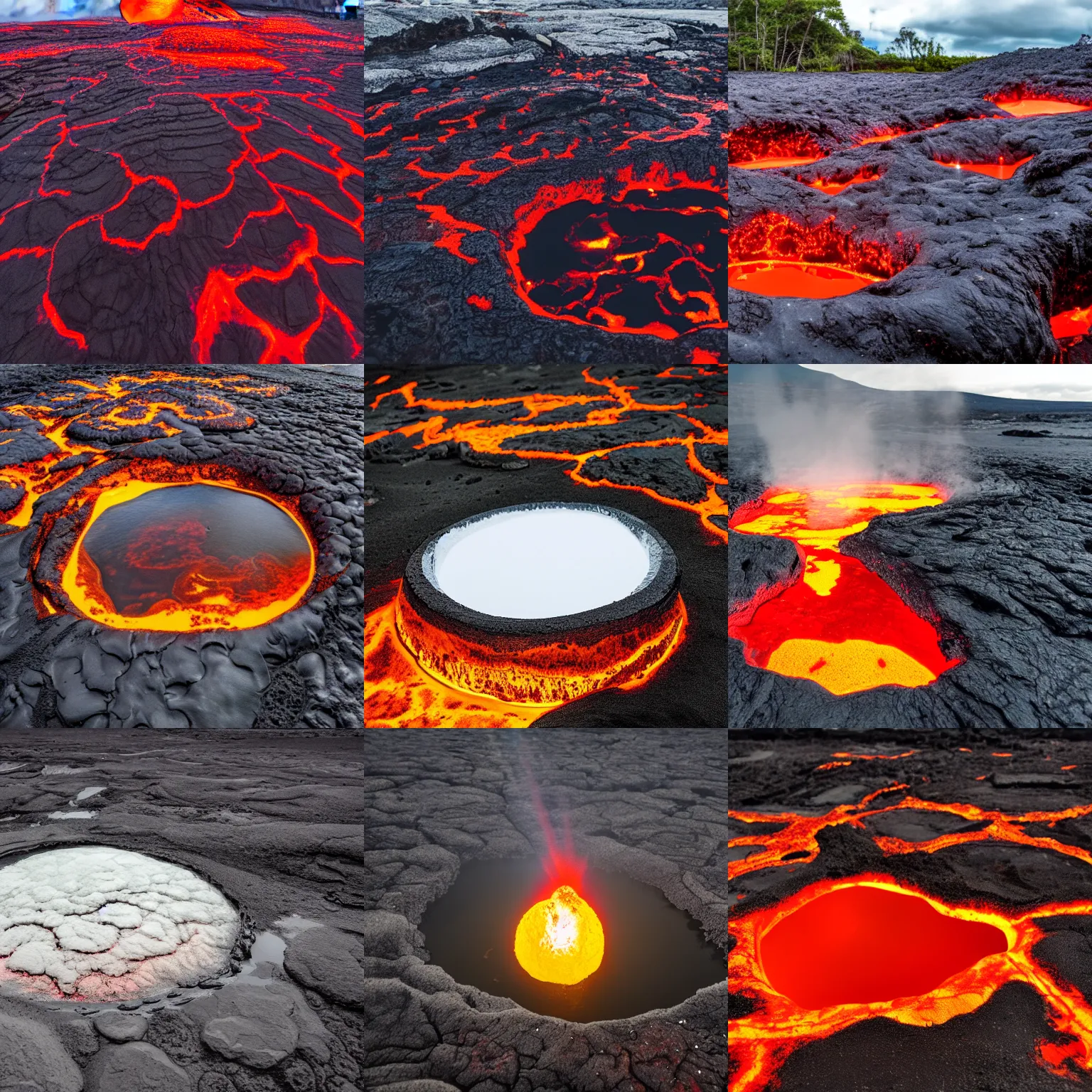 Prompt: a big puddle filled with glowing lava with a white sand sphere hovering over it