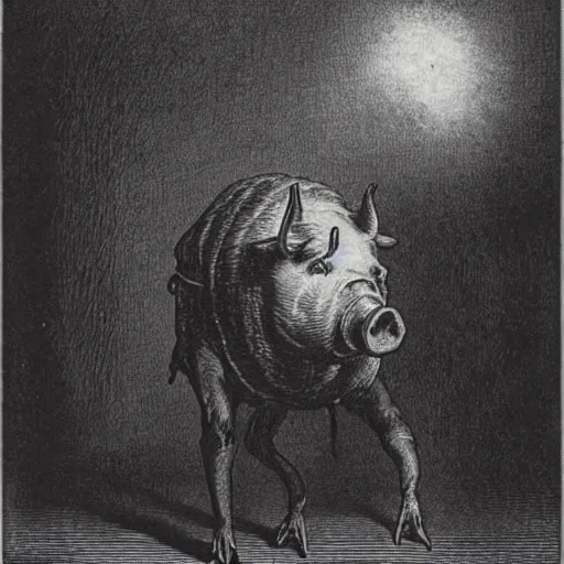 Image similar to a pig walking on two legs, creepy atmosphere, dressed in a tuxedo, dark, close-up, realistic, very realistic, illustration by Gustave Doré