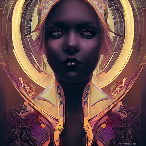 Prompt: an art nouveau, ( cyberpunk ), multi - racial portrait in the style of anna dittmann and charlie bowater and chanthara. very large, clear, expressive, and intelligent eyes. centered, ultrasharp focus, dramatic lighting, photorealistic digital matte painting, intricate symmetrical ultra detailed background.