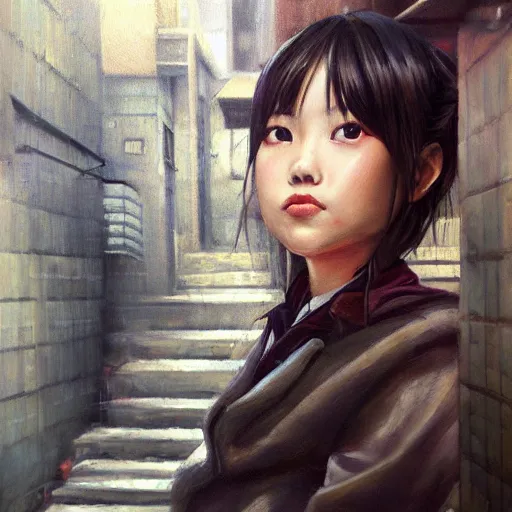 Prompt: a perfect, realistic professional oil painting of a Japanese schoolgirl posing in a dystopian alleyway, style of Marvel, full length, fine details, by a professional American senior artist on ArtStation, a high-quality hollywood-style concept