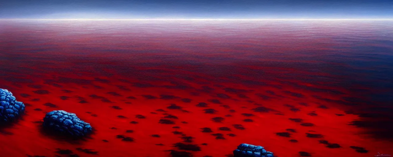 Prompt: A gorgeous detailed oil painting of a dark red sea covered in big blue steep rocks, the further away the mistier it gets, surreal, concept art, dark aesthetic, atmospheric, moody, highly detailed, masterpiece, award winning, hyperrealism, 4k