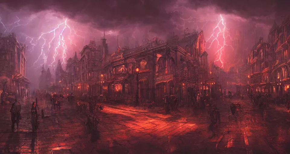 Image similar to eldritch, steampunk city, windy, by eugene von guerard, ivan shishkin, night, red lightning!!, storm!, dramatic lighting, concept art, trending on artstation, 8 k