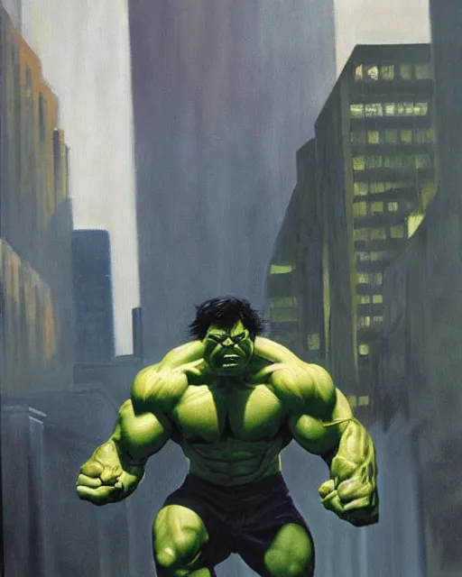 Prompt: a moody oil painting of the incredible hulk looking angry at noon in a city by alex ross.