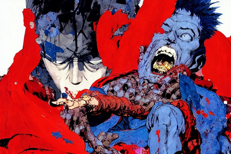 Prompt: full page illustration of tetsuo eating blue and red pills,, seated at his throne, red cape, by Katsuhiro Otomo, Phil hale, Ashley wood, Ilya repin, frank frazetta, 8k, hd, high resolution print