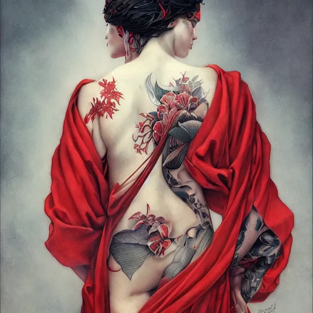 Image similar to ultra realistic illustration, beautiful woman dressed in red kimono, backview, tattoos, in the style of peter mohrbacher by weta digital and beth cavener, high face symmetry, intricate, masterpiece, award winning, high face symmetry, intricate