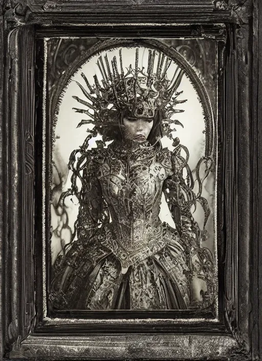 Image similar to old wetplate daguerreotype frame portrait of a futuristic silver armored queen elisabeth emperor district 9 cyborg, fractal, intricate, elegant, highly detailed, subsurface scattering, by jheronimus bosch and greg rutkowski and louis jacques mande daguerre