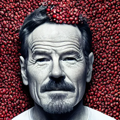 Prompt: bryan cranston made out of cranberries, natural light, sharp, detailed face, magazine, press, photo, steve mccurry, david lazar, canon, nikon, focus