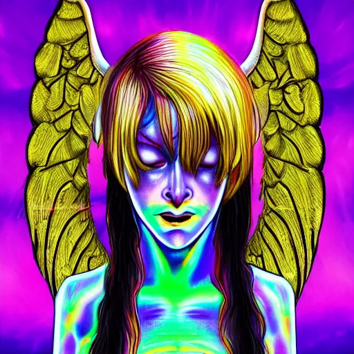 Image similar to a detailed painting of a demon poorly disguised as an angel by Junji ito and Lisa frank, neon color scheme, artstation,8k,artstationHD,artstationHQ, cinematic, diffuse lighting