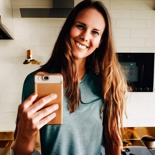 Image similar to a selfie of a brunette female, young, athletic, australian, wearing a gold tshirt in a kitchen