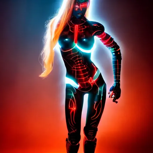 Image similar to an attractive cyborg female clone with laser eyes and full body paint, cinematic lighting