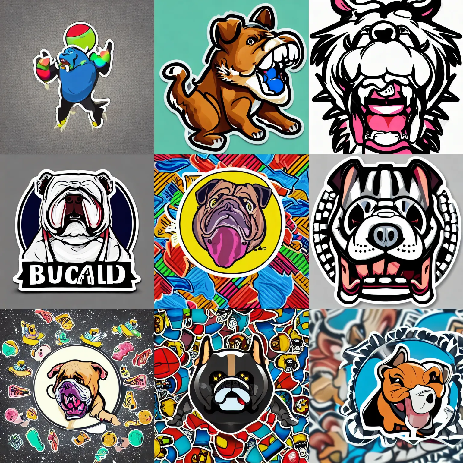 Prompt: “ bulldog biting a ball, full body mascot, sticker, highly detailed, colorful, illustration, smooth and clean vector curves, no jagged lines, low noise, vector art, logo ”