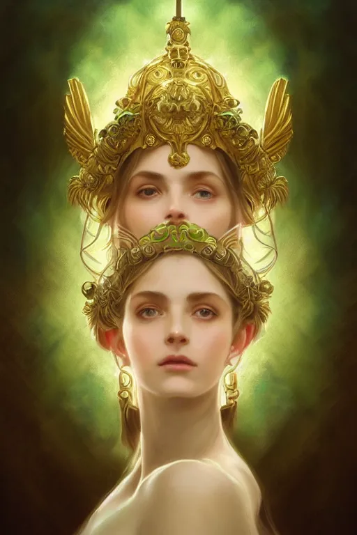 Image similar to portrait of athena , fantasy, gradient white green gold, dreamy and ethereal, green eyes, golden ratio, peaceful expression, ornate frilly dress, fantasy, intricate, elegant, golden clouds, highly detailed, digital painting, artstation, concept art, smooth,b sharp focus, illustration, art by artgerm and greg rutkowski and alphonse mucha