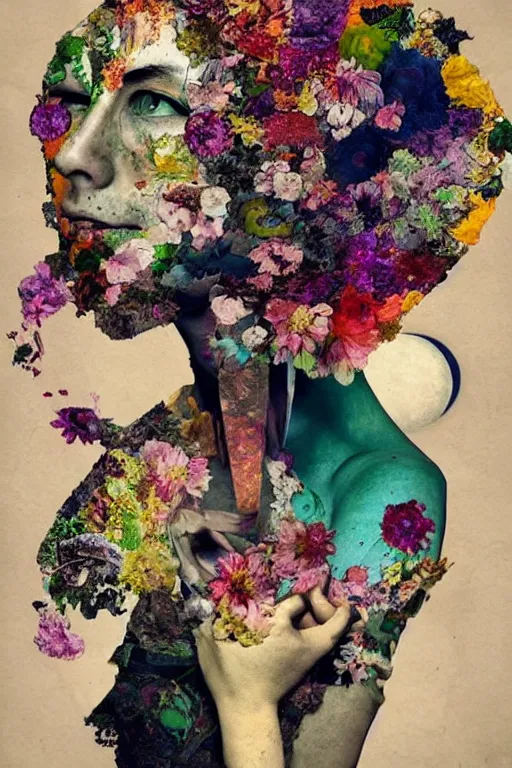 Prompt: a mixed media collage of glitched bodies in random, grotesque, and colorful poses, flowers, eyes and moon, photorealistic, digital collage artistic, aesthetic, artwork