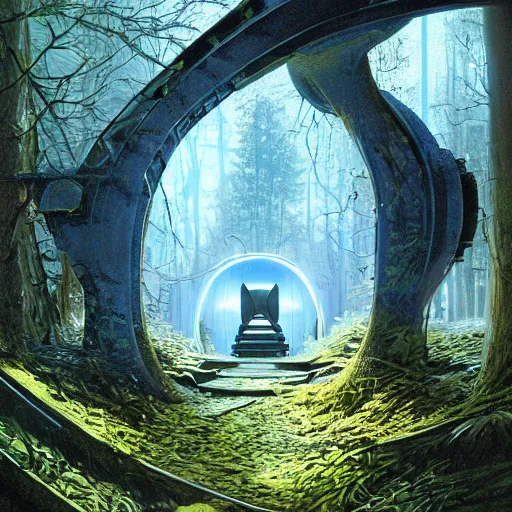 Image similar to stairs leading to a derelict portal in a middle of a snowy lush futuristic forest, alien world seen through a portal, daylight, cinematic lighting, blue sky, syd mead, john harris