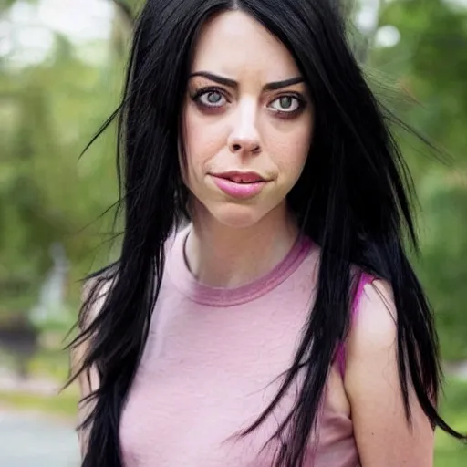 Image similar to a girl with long black hair and a side part, her face is a mix between aubrey plaza, krysten ritter, lucy hale, christina ricci and sarah hyland