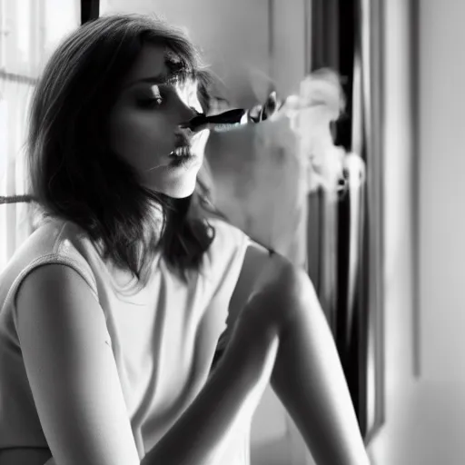 Image similar to Live Action Still of Jerma985 in a film of a beautiful model woman smoking a cigarette by the window, black and white, hyperrealistic, ultra realistic, realistic, highly detailed, epic, HD quality, 8k resolution, body and headshot, film still