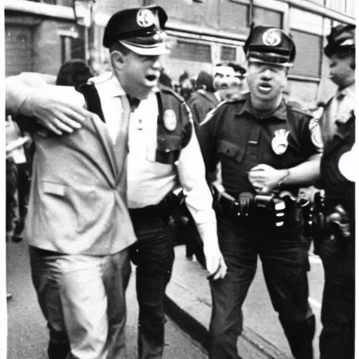 Image similar to big bird being arrested for inciting a riot, 35mm photo