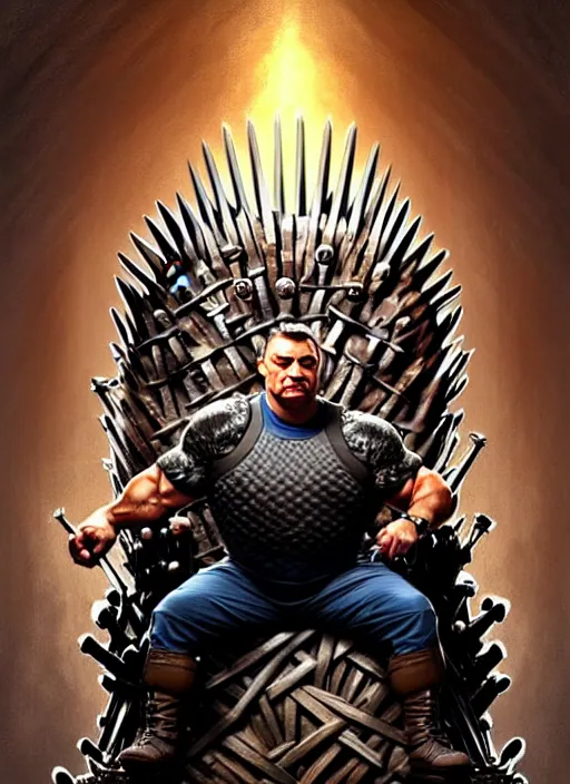 Image similar to portrait of viktor orban with synthol muscles sitting on the iron throne, d & d, muscular! fantasy, intricate, elegant, highly detailed, digital painting, artstation, concept art, smooth, sharp focus, illustration, art by artgerm and greg rutkowski and alphonse mucha