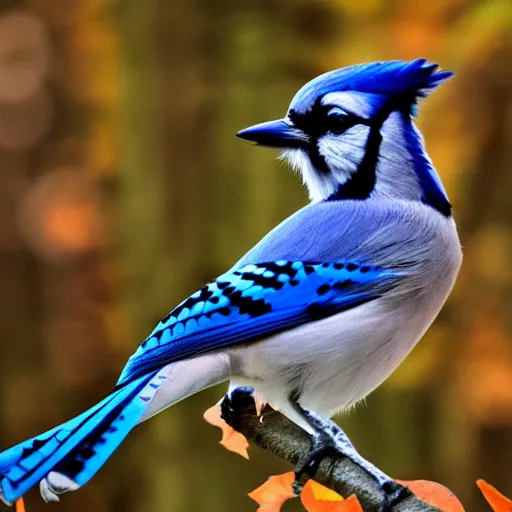 Prompt: blue jay in autumnal forest by river
