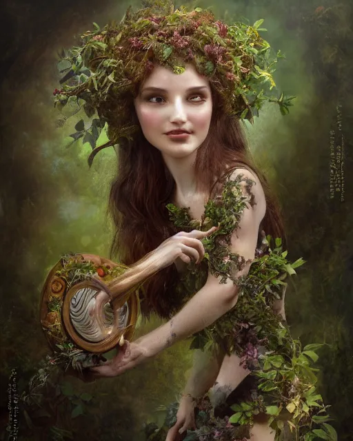 Image similar to dryad musician with a mysterious smile, inspired by brian froud, portrait, accompanied by a cute feathered mouse, studio lighting by jessica rossier and brian froud and gaston bussiere